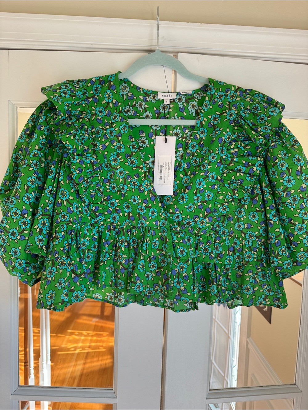 RHODE Green Floral Ruffle Peplum Top